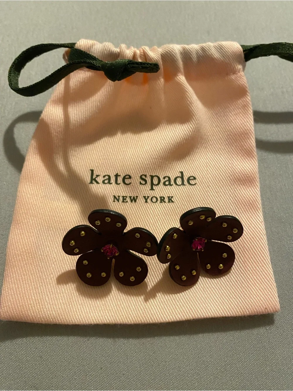 Kate Spade Brown Leather Flower Hair Clips with Pink Gem Centers